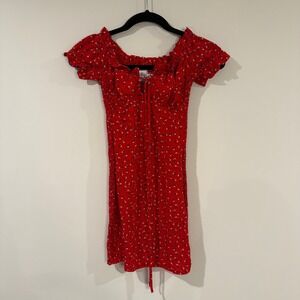 POLLY Floral Mini Dress Red Ruffle Trim‎ Short Sleeve Women's Size 0